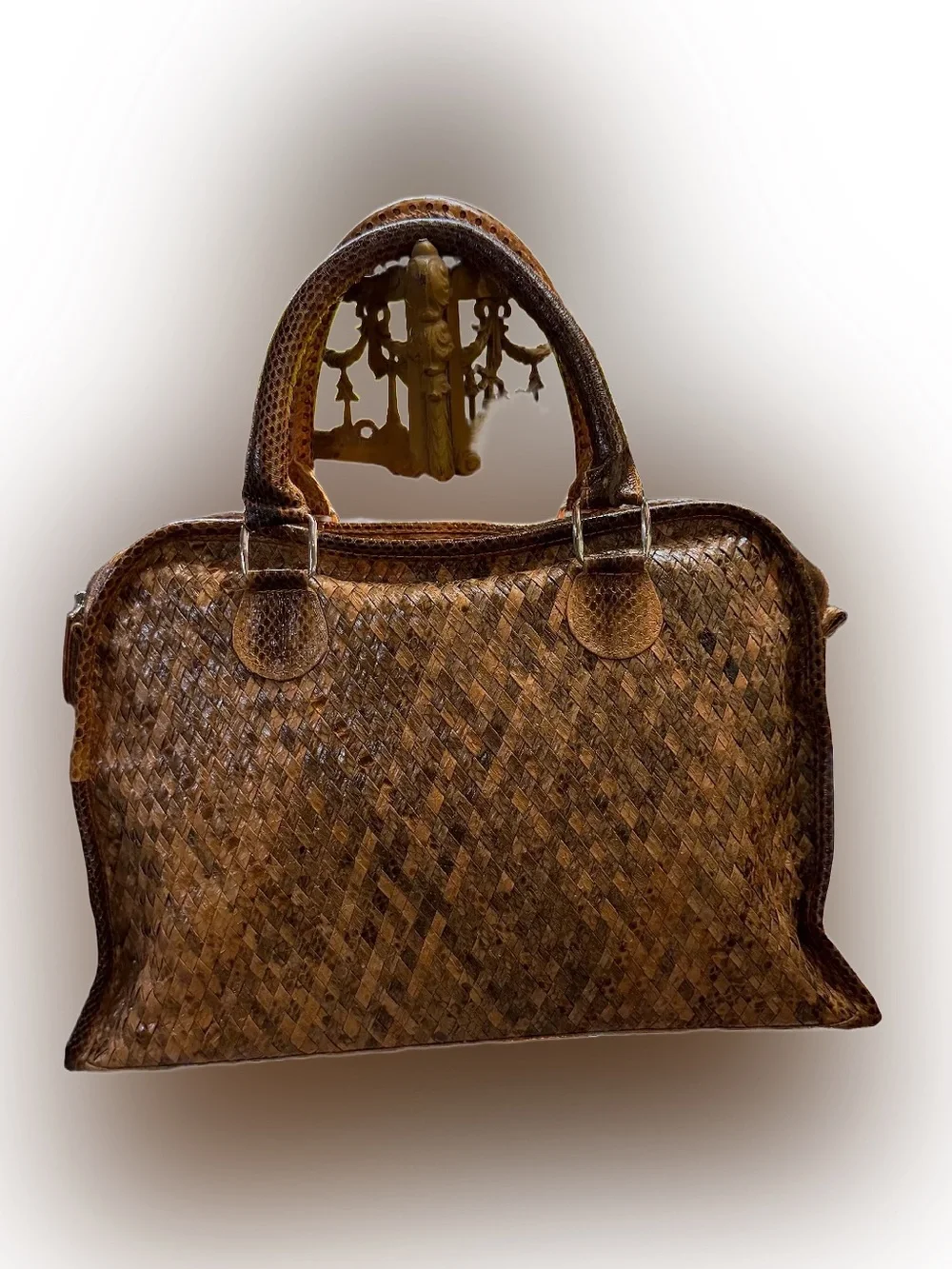 Woven authentic python skin Satchel Handbag - Brown